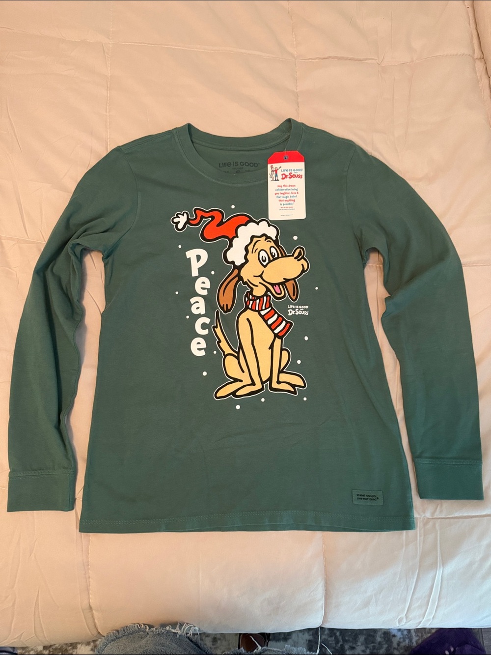 Life Is Good Green Long-Sleeve Dr. Seuss Peace Graphic Tee Max Grinch S NWT